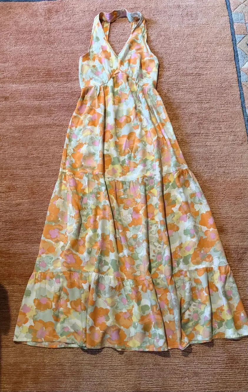 Japna Size S Multicolor Abstract Halter Tiered Maxi Dress 100% Rayon